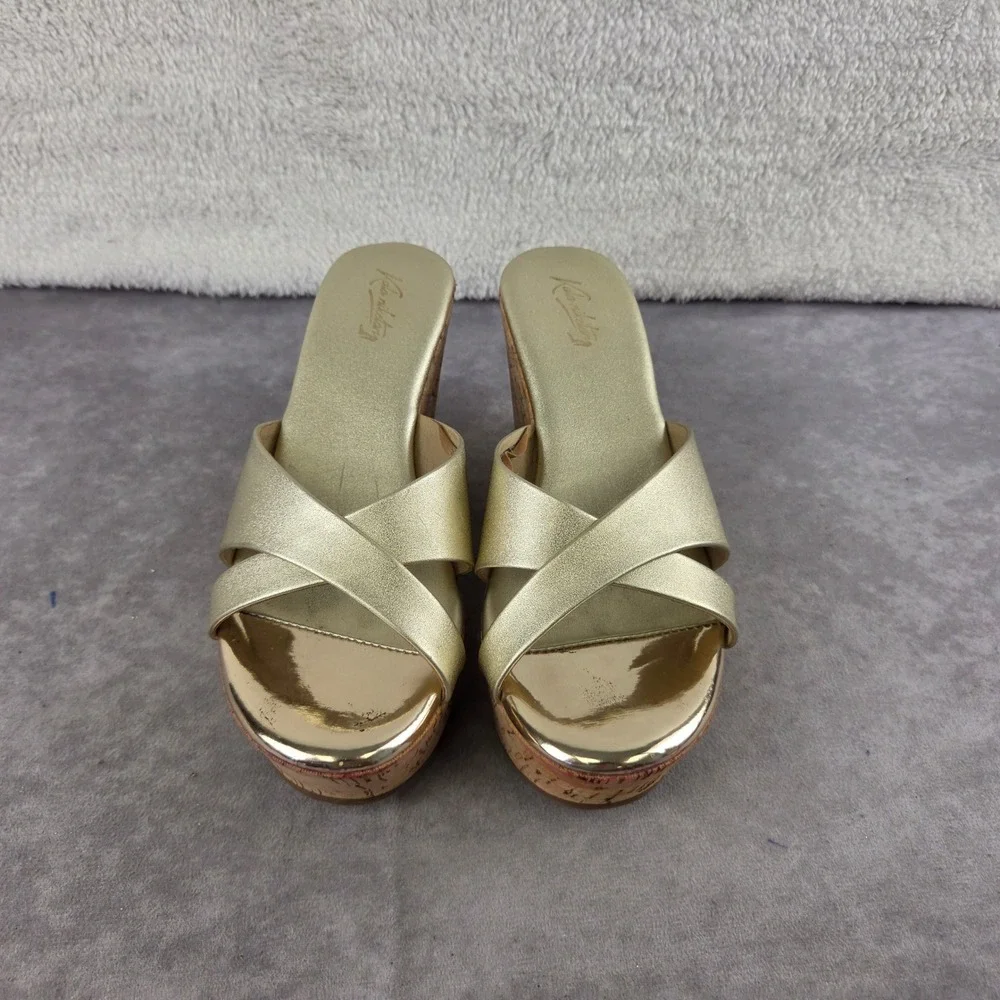 Kala Niketan Gold Metallic Cork Wedge Sandals Platform Slides Womens